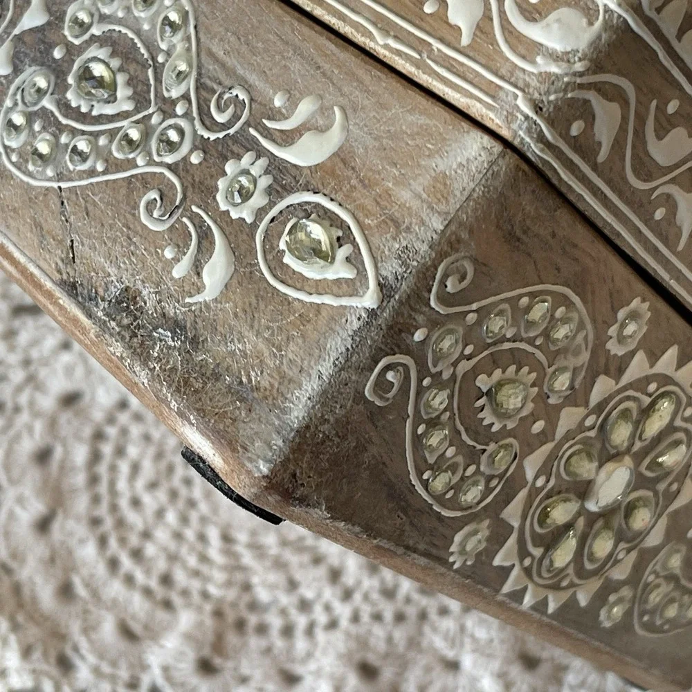 Handcrafted Indian Mango Wood Keepsake Box Ornate Painted Storage Chest Boho
